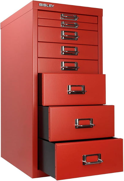 Bisley 8-Drawer Steel MultiDrawer Cabinet - Cardinal Red | Chrome Pull Handles with Label Holders, Powder-Coated Steel, Removable Drawers, Fits Under Most Desks, Labels Included