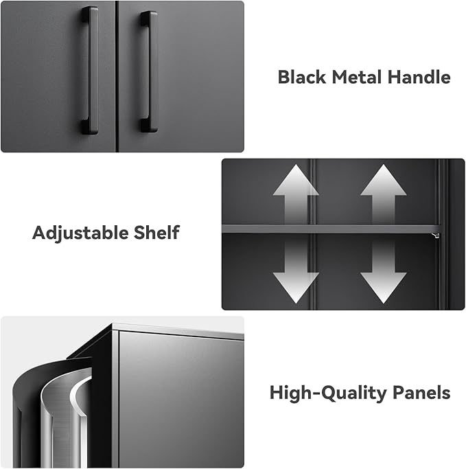 IRONFFICE Metal Wall Cabinet,Garage Cabinet with Handle,Lockable Storage Cabinets Wall Mounted with 2 Doors,Locking Cabinet with Shelves for Basement,Office,Living Home,Black