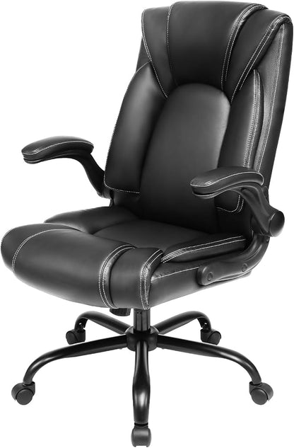 OUTFINE Flip-up Arms Office Chair 300lbs Executive Chair Swivel Office Chair with hydrolysis-Resistant Leather Spring Cushion Thick Padding and Ergonomic Design (Black, Flip Arm Medium) | Flip-up armrests, ergonomic support and durable leather maximize...
