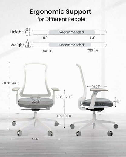 ProtoArc Ergonomic Office Chair – Flexer Mesh Couputer Chair for Women, Foam Sliding Seat, 125° Recline, Home Desk Chairs for Small Spaces, Stylish & Comfortable – White