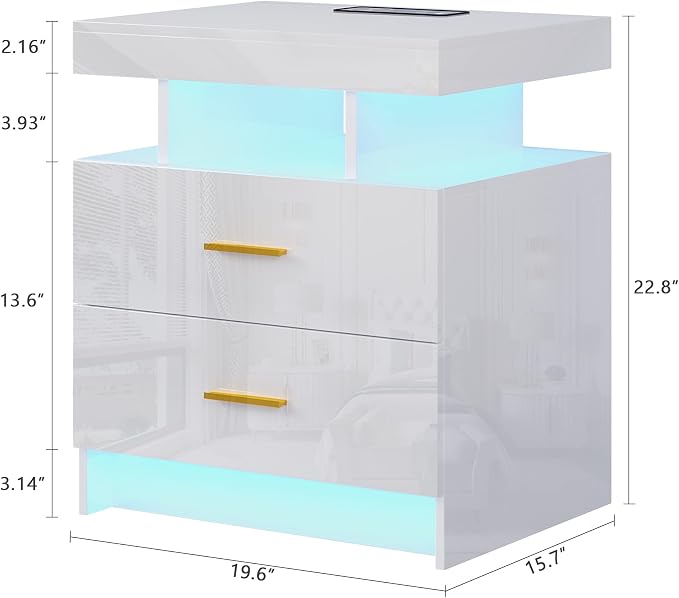 HNEBC Auto LED Nightstand with Wireless Charging Station & USB Ports,High Gloss Bedside Tables with 2 Drawers,Floating Nightstand with 3 Color & Adjustable Brightness for Bedroom,White