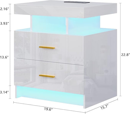HNEBC Auto LED Nightstand with Wireless Charging Station & USB Ports,High Gloss Bedside Tables with 2 Drawers,Floating Nightstand with 3 Color & Adjustable Brightness for Bedroom,White