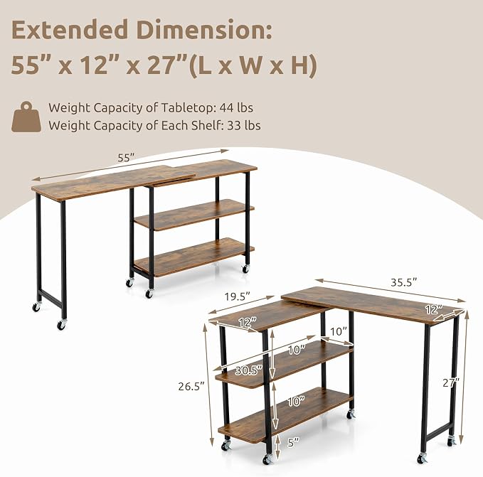 Tangkula 360° Rotating Sofa Side Table, Patented Mobile End Table with 2-Tier Storage Shelves, Swivel Rolling Desk with 6 Lockable Wheels, Metal Frame, Movable Laptop Table Couch Snack Table for Home