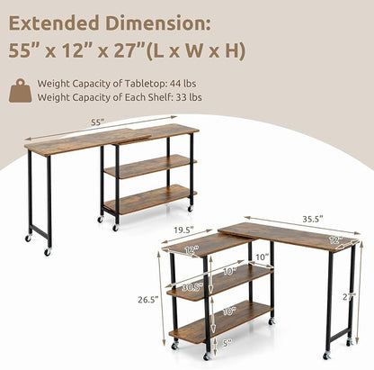Tangkula 360° Rotating Sofa Side Table, Patented Mobile End Table with 2-Tier Storage Shelves, Swivel Rolling Desk with 6 Lockable Wheels, Metal Frame, Movable Laptop Table Couch Snack Table for Home