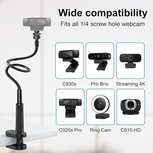 Webcam Stand Mount for Desk, Flexible Gooseneck Webcam arm Holder with Clamp, Web Camera Computer Stand Compatible with Action Camera Gopro C922 C930e C920S C920 C615 C960 C920x BRIO