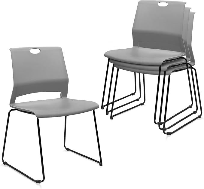 KLASIKA Stackable Guest Reception Chairs, Stacking Office Chair with Ergonomic Lumbar Support & Metal Legs, Plastic Desk Chairs for Conference School Church Waiting Meeting Break Room Set of 4, Gray
