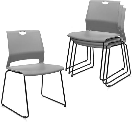 KLASIKA Stackable Guest Reception Chairs, Stacking Office Chair with Ergonomic Lumbar Support & Metal Legs, Plastic Desk Chairs for Conference School Church Waiting Meeting Break Room Set of 4, Gray