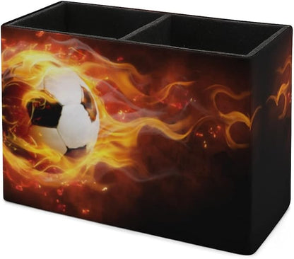 Niapessel Pencil Holder for Desk, Burning Soccer Ball Pen Holder Storage Desktop Pen Organizer Desk Pencil Organizer Makeup Brush Holder for Office School College Leather