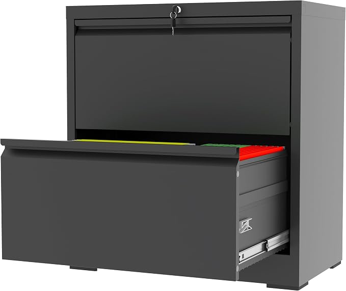 2 Drawer File Cabinet with Lock, Black Metal Lateral Filing Cabinets for Home Office, Heavy Duty Steel Horizontal Locking Storage Cabinet for Legal/Letter/A4 Size File, Assembly Required