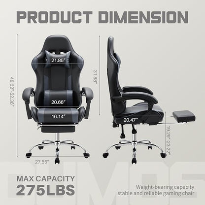 DUMOS Ergonomic Gaming Office Desk Chair with Footrest and Headrest for Adults, PU Leather Video Computer Chair with Linkage Armrests, Height Adjustable 360° Swivel Recling, Black Grey