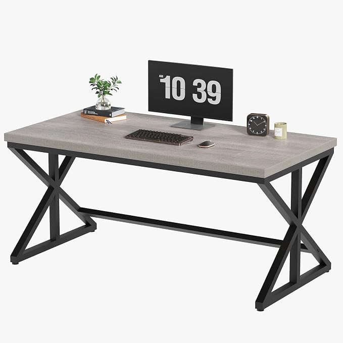 IBF Computer Desk, Industrial PC Laptop Office Desk, Farmhouse Gaming Desk with Spacious Desktop, Rustic Wood Metal Writing Study Work Table for Home Office Bedroom, 47 Inch, Grey Oak