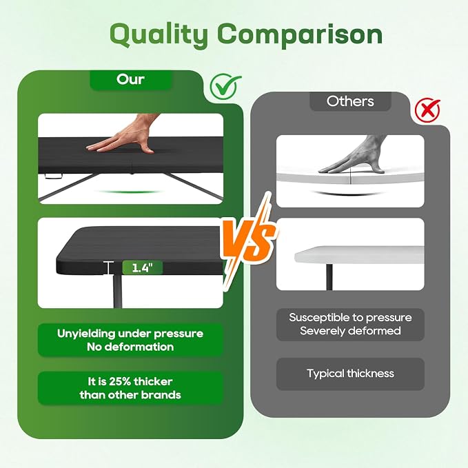 FDW 6 FT Folding Table, Portable Plastic Table with Carrying Handle Perfect for Indoor, Outdoor, Party, Dining, Wedding, Events, Camping, Black Wood Grain