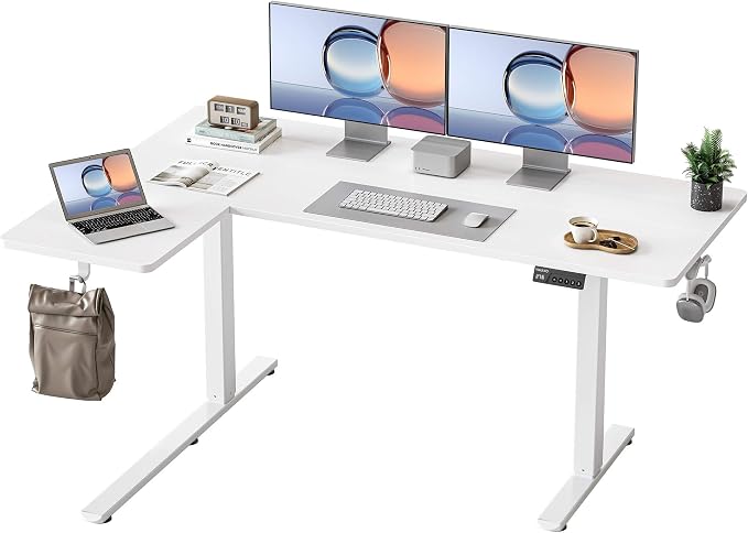 YIHAYO Reversiable L-Shaped Electric Standing Desk, 59 Inches Stand Up Corner Desk, Sit and Stand Up for Work Office Home, Ergonomic Rising Computer Table with Splice Board, White