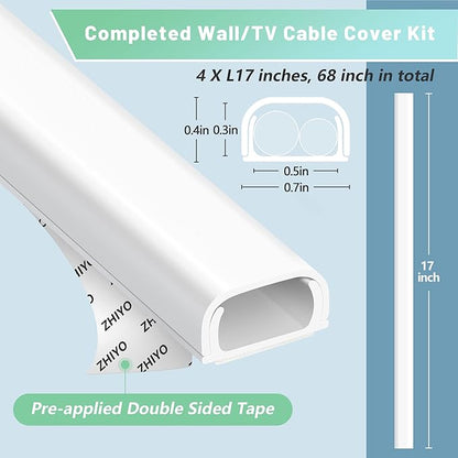 Wire Covers for 2 Cords, 68in Wire Hider on Wall Mounted, Beige Cord Cover Kit, Cable Cover Paintable, Cable Concealer for Extension Cord, Ethernet Cable, Speaker Wire Hider, 4X L17in W0.7in H0.4in