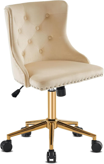 VINGLI Beige Velvet Armless Home Office Desk Chair with Gold Base/Wheels, Small Cute Vanity/Makeup Chair with Back for Bedroom, Upholstered Adjustable Rolling Swivel Nail Chair for Women/Girls