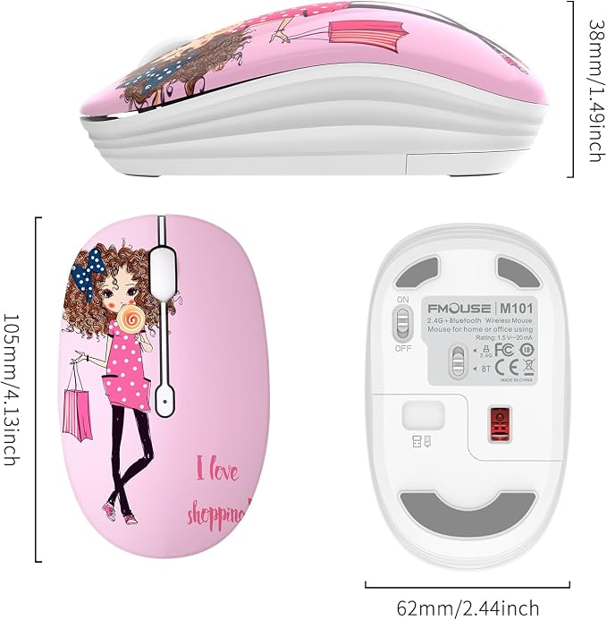 FMOUSE Cute Pink Wireless Mouse, Dual Mode, Bluetooth & 2.4GHz USB Receiver, Silent Clicks, AA-Battery Powered, Handy & Durable, for Kids, Girls, Students on Laptops, Mac, iPad, PC