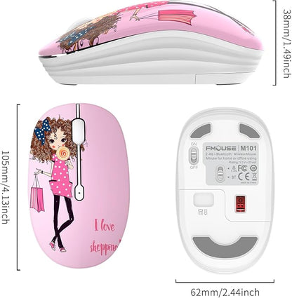 FMOUSE Cute Pink Wireless Mouse, Dual Mode, Bluetooth & 2.4GHz USB Receiver, Silent Clicks, AA-Battery Powered, Handy & Durable, for Kids, Girls, Students on Laptops, Mac, iPad, PC