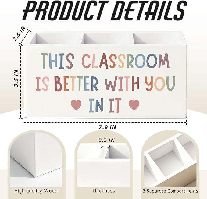 Boho Classroom Pen Pencil Holder for Desk, This Classroom Is Better with You in It Motivational Wooden Box Sign Decorations for Kids Room Bedroom Playroom Desk Tabletop