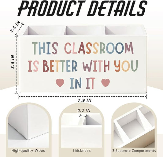 Boho Classroom Pen Pencil Holder for Desk, This Classroom Is Better with You in It Motivational Wooden Box Sign Decorations for Kids Room Bedroom Playroom Desk Tabletop