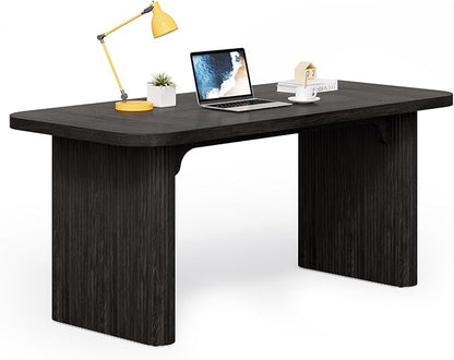 LITTLE TREE 62-Inch Computer Desk, Large Simple Writing Desk with Fluted Double Pedestal, Modern Home Office Desk, Wooden 5 Ft Small Conference Meeting Seminar Table, Charcoal Black