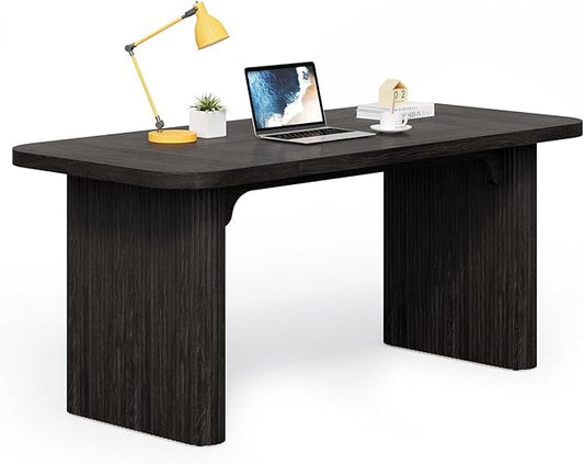 LITTLE TREE 62-Inch Computer Desk, Large Simple Writing Desk with Fluted Double Pedestal, Modern Home Office Desk, Wooden 5 Ft Small Conference Meeting Seminar Table, Charcoal Black