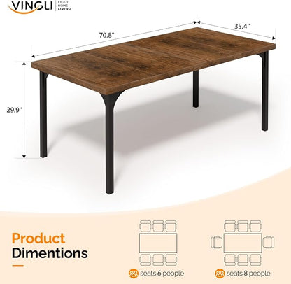 VINGLI 70.8" Farmhouse Dining Table for 6-8 People, Large Rustic Wooden Kitchen & Dining Room Table, Heavy Duty Dinner Table for Family Gatherings, Home Office, Apartment, Rustic Brown