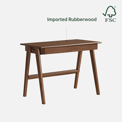 Walnut Color Home Office Desk, 100% Solid Rubber Wood Desk, Mid Century Modern Writing Computer Desk with Drawer for Sturdy Room, Bedroom 39.37" W