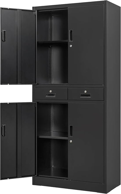 Wanfu Metal Storage Cabinet, 71" Locking Storage Cabinet with Adjustable Shelves and 2 Drawers, Steel Cabinets for Office, Garage, Home, School, Utility Room(Black)