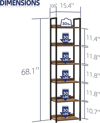 NUMENN Narrow Bookshelf, 6 Tier Bookshelves, Home Office Bookcase Shelf Storage Organizer, Free Standing Storage Shelving Unit for Bedroom, Living Room and Home Office, Vintage