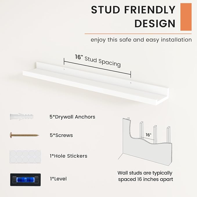 FLYJOE Picture Ledge Shelf, Floating Shelves Set of 2, 32 Inches Nursery Book Shelves for Toys Storage, Kids Bookshelf Wall Mounted for Living Room Bedroom Decor Books Photo Frames, White