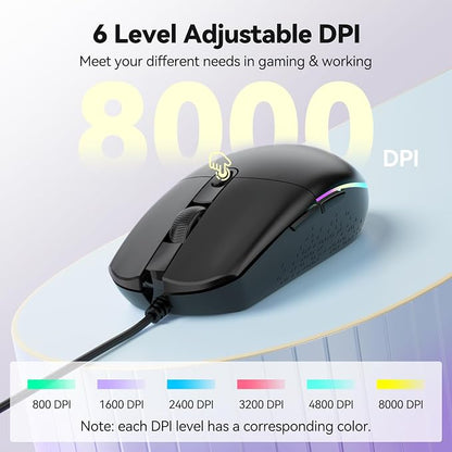 TECKNET Wired Mouse - USB Corded Mouse with RGB Backlit Full Size Optical Silent Mouse with Side Buttons,LED Plug and Play Wired Connection Office Mice for Desktop,PC,Laptop