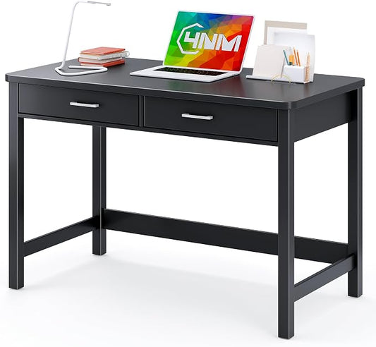 4NM 39.4" Small Desk with Wood Drawers, Home Office Computer Desk with Wooden Legs, Study Writing Table Vanity Desk for Small Spaces - Black