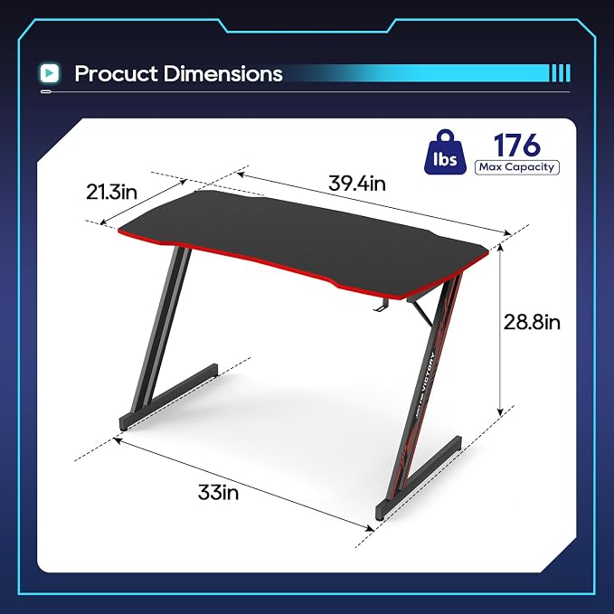 BestOffice 39" Gaming Desk Computer Gaming Desk Z Shaped Gaming Workstation Ergonomic Gaming Table with Headphone Hook for Game Players,Black&Red