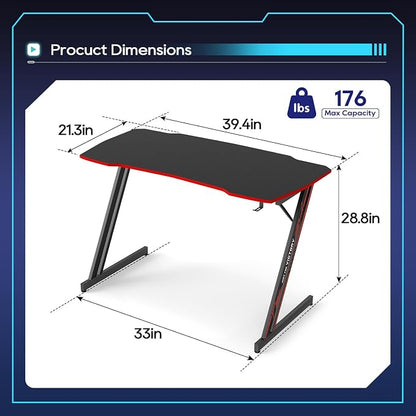 BestOffice 39" Gaming Desk Computer Gaming Desk Z Shaped Gaming Workstation Ergonomic Gaming Table with Headphone Hook for Game Players,Black&Red