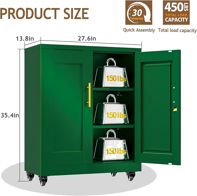 pozdeg 35" Metal Storage Cabinet with Lock and Wheels, Lockable Office File Cabinet with 2 Doors and 2 Adjustable Shelves, Rolling Steel Tool Garage Cabinets for Home Office (Green)
