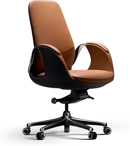 TOMU Genuine Leather Executive Office Chair, Executive Guest Chair, Mid Back Comference Office Chair for Office Comference Room Table,Swivel with Wheels, (Brown)