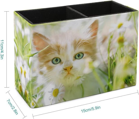 Niapessel Pencil Holder for Desk, Cute Little Cat Pen Holder Storage Desktop Pen Organizer Desk Pencil Organizer Makeup Brush Holder for Office School College Leather