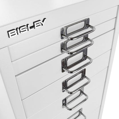 Bisley 8-Drawer Steel MultiDrawer Cabinet - Traffic White | Chrome Pull Handles with Label Holders, Powder-Coated Steel, Removable Drawers, Fits Under Most Desks, Labels Included