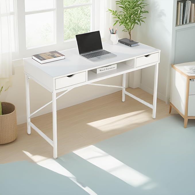 JJS 48' Writing Desk with Drawers, Contemporary Home Office Large Computer Laptop Workstation with Storage, White Drawer