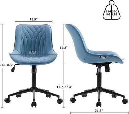 YOUNIKE Blue Office Desk Chair No Arms Vanity Chair with Wheels Modern | Armless, ergonomic high-back design. Comfortable padding and waterproof faux leather. Swivel and height-adjustable.