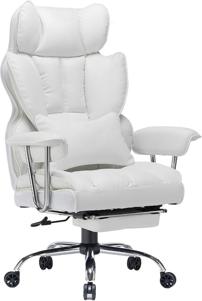 Efomao Big and Tall Office Chair 400lbs, Executive PU Leather Desk Chair with Footrest & Lumbar Support, Heavy Duty Computer Seating for Home, White | 400lbs support, 135° recline, dual-layer foam cushion, 23.5" seat & footrest. BIFMA