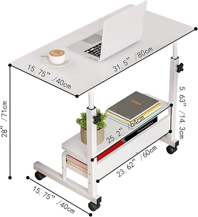 Adjustable Height Mobile Computer Desk for Small Space Rolling Writing with Wheels Corner Home Office Study Portable Bedrooms Work Size 31.5x15.7 Inch Storage Gaming Table, White A