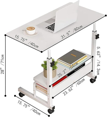 Adjustable Height Mobile Computer Desk for Small Space Rolling Writing with Wheels Corner Home Office Study Portable Bedrooms Work Size 31.5x15.7 Inch Storage Gaming Table, White A