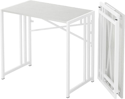 Lutown-Teen Small Folding Desk 35 inch, No Assembly Required Narrow Office Desk, Writing Gaming Computer Camping Table, White