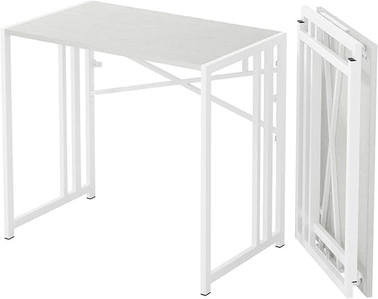 Lutown-Teen Small Folding Desk 35 inch, No Assembly Required Narrow Office Desk, Writing Gaming Computer Camping Table, White