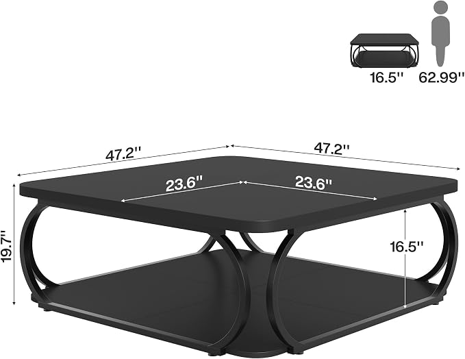 Tribesigns Square Coffee Table with Open Storage Shelf for Living Room, 39 Inch Large Wood Center Table 2 Tier Low Coffee Tables Farmhouse Tea Table with Metal Frame for Home Office, Black