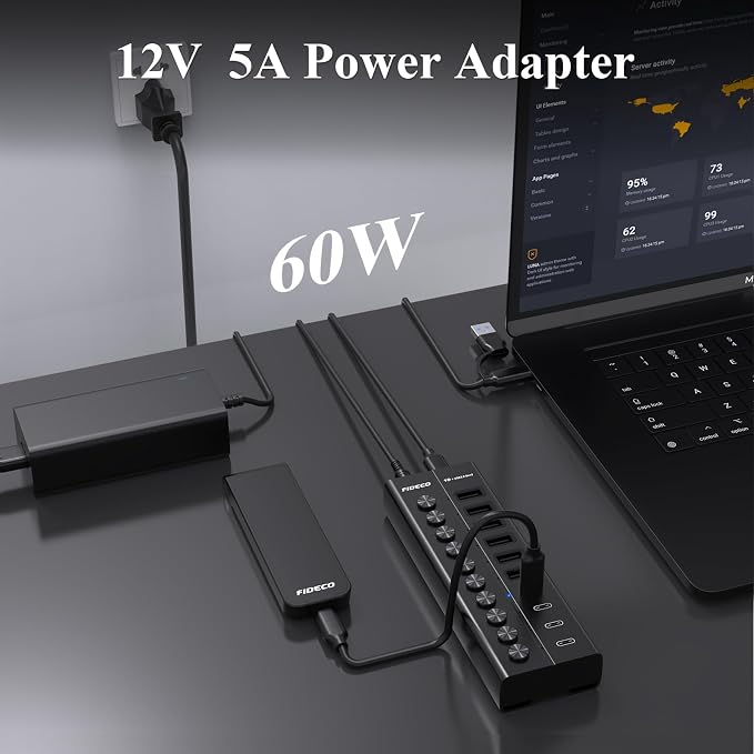 FIDECO 60W Powered USB Hub for Laptop and PC, 10-Port 10Gbps USB Splitter with 12V 5A Power Adapter, Aluminum USB 3.2 Gen 2 Multiport Adapter, 6 USB-A and 4 USB-C Ports, Support BC1.2 Charging (Black)