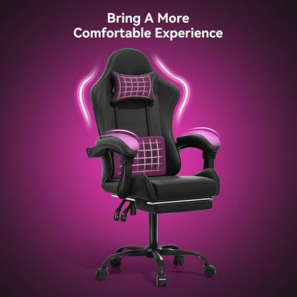 Gaming Chair with Footrest, Ergonomic Computer Gaming Desk Chair with Lumbar Support & Headrest, Adjustable High Back PU Leather Office Chair, Swivel Racing Style Gamer Chair, Black