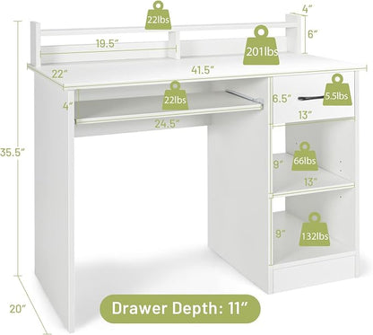 Tangkula White Desk with Drawer & Keyboard Tray, 22 Inch Wide Modern Study Writing Desk with Desktop Hutch & Storage Shelves, Home Office Desk for Teens, Wood PC Laptop Desk, Desk for Bedroom
