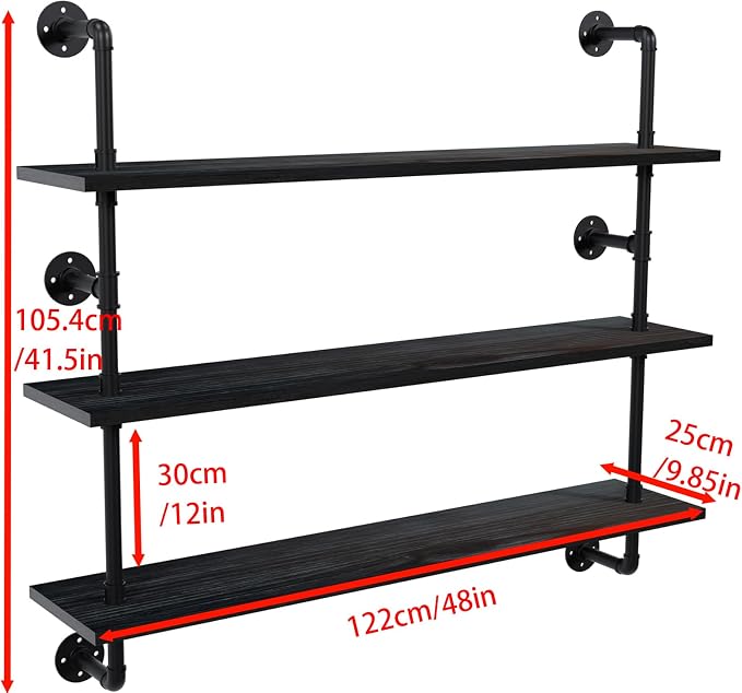 HDDFER Industrial Pipe Shelving Rustic Black Wall Shelves with Wood Planks Industrial Floating Shelves 48 Inch 3 Tier Farmhouse Bookshelf Pipe Shelves Wall Mounted,Open Shelving For living room/office